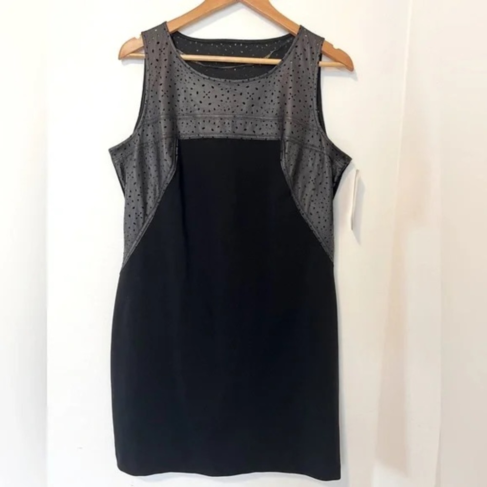 Bianca Nygard midi black dress faux leather trim along neckline & shoulders 16W
